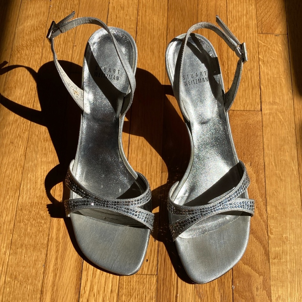 Stuart Weitzman Slingback kitten heal with crystals across strap.
